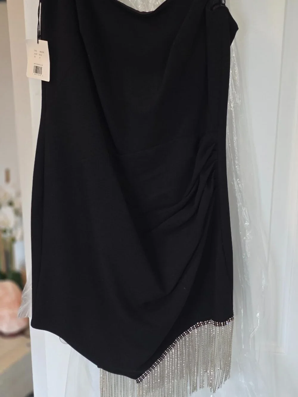 NWT SHO Tadashi Shoji Crystal Fringe Black Mini Dress M $308